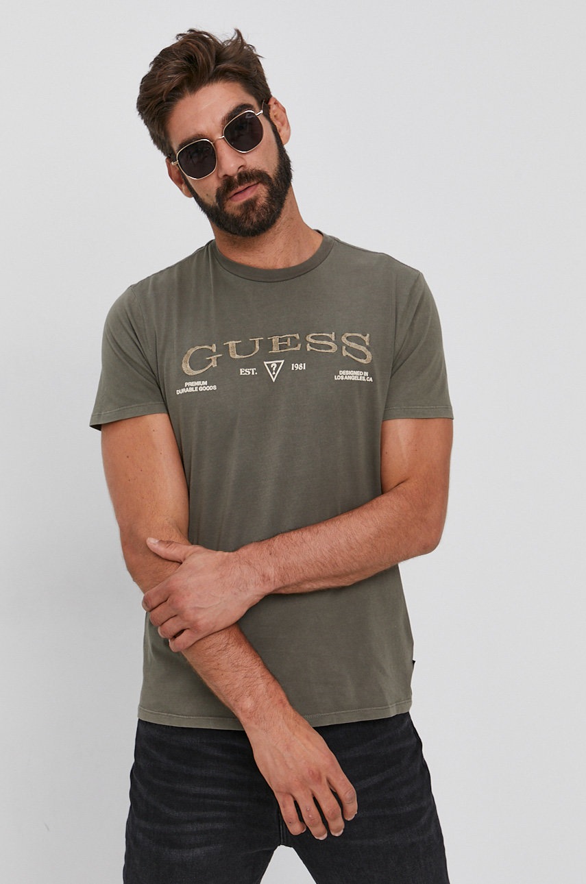 

Памучна тениска Guess в бежово с апликация, Зелен