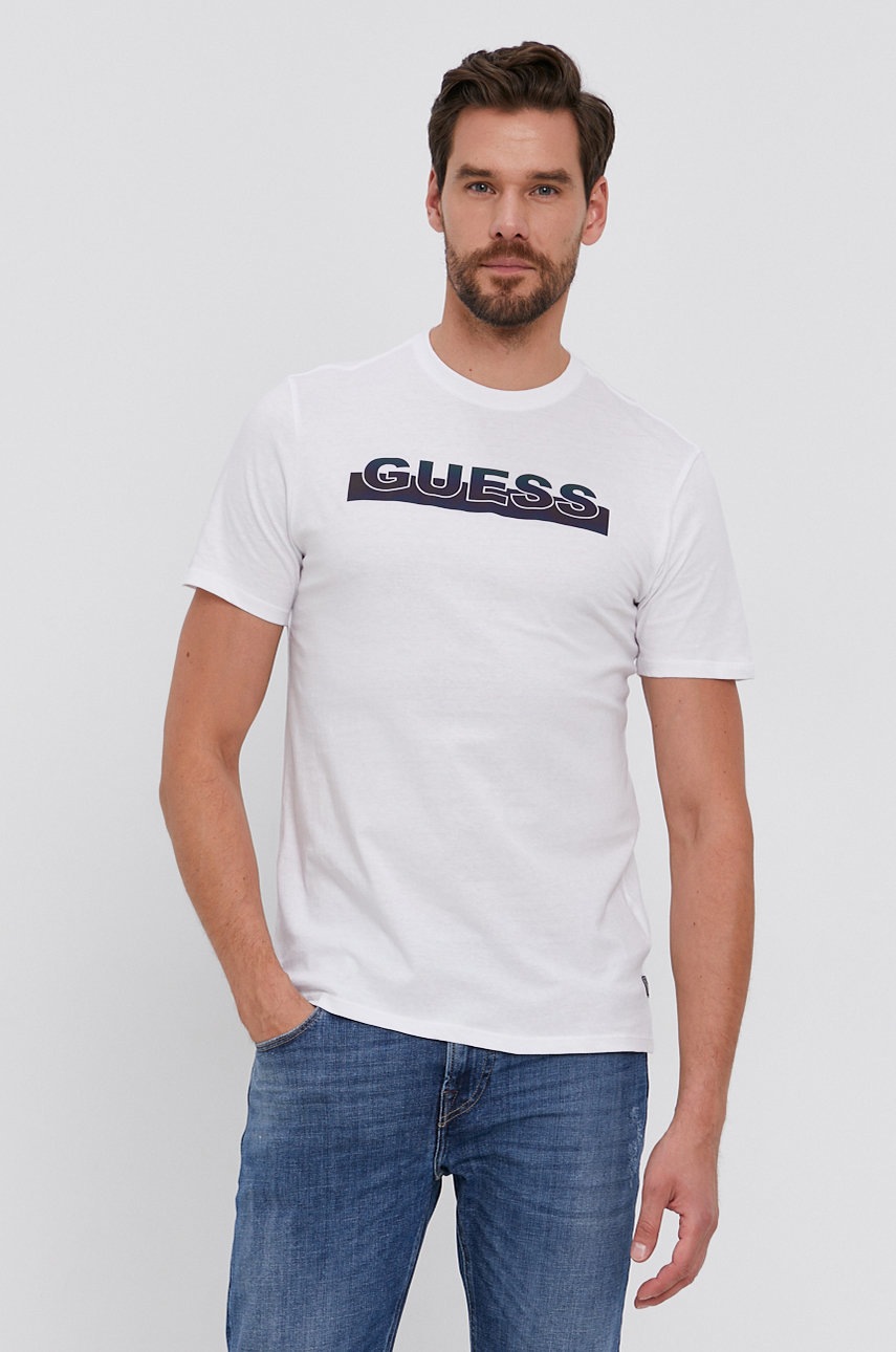 

Памучна тениска Guess в бяло с изчистен дизайн, Бял