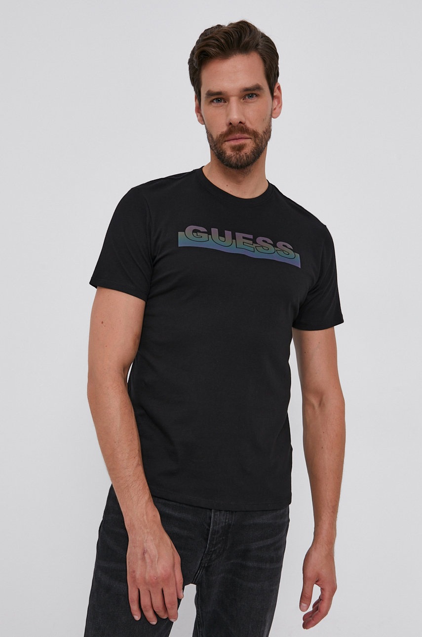 

Памучна тениска Guess в черно с изчистен дизайн, Черен