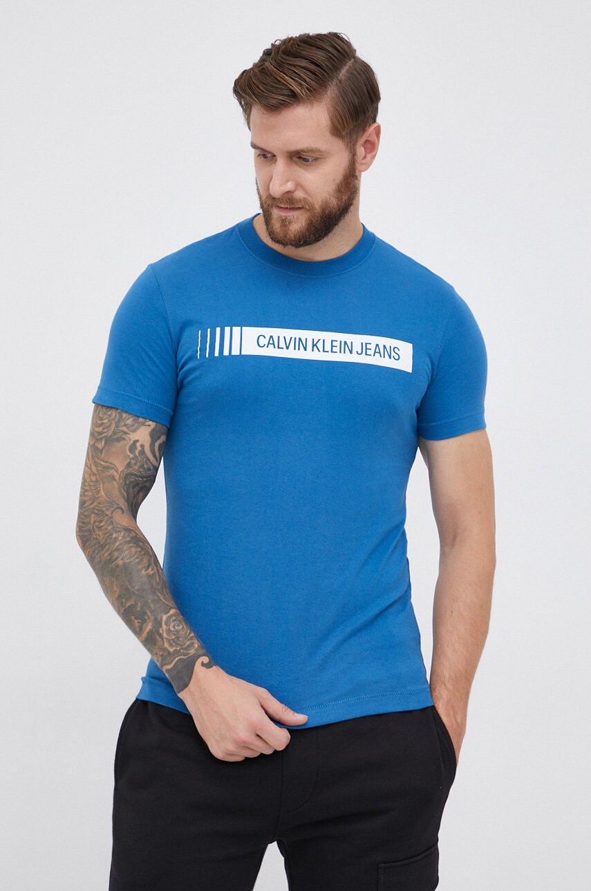 

Памучна тениска Calvin Klein Jeans с принт, Син