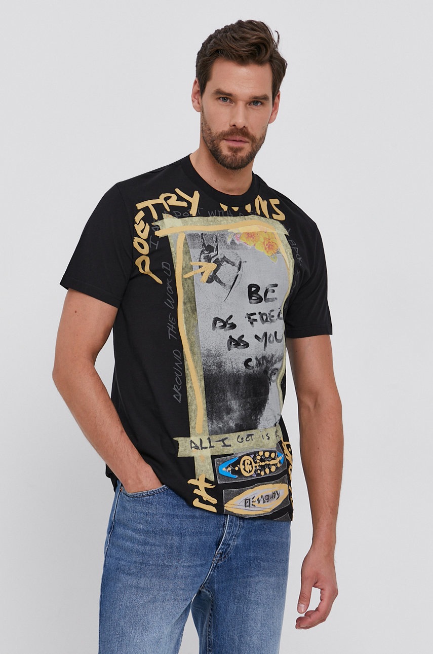 

Памучна тениска Desigual в черно с изчистен дизайн, Черен