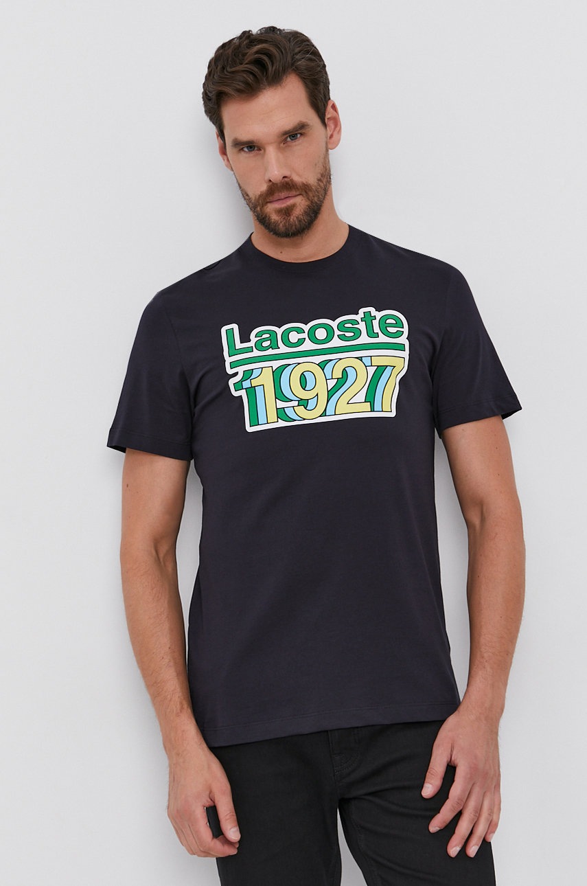 

Памучна тениска Lacoste в тъмносиньо с принт, Тъмносин