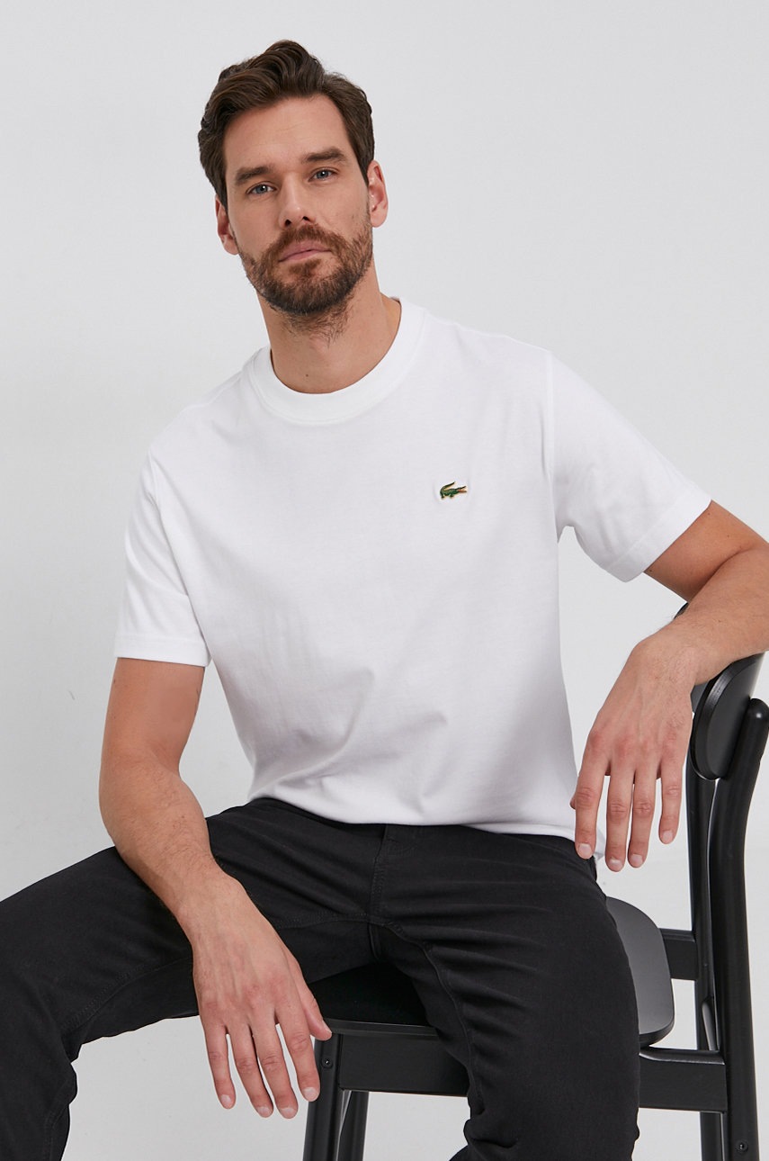 

Памучна тениска Lacoste в бяло с апликация, Бял