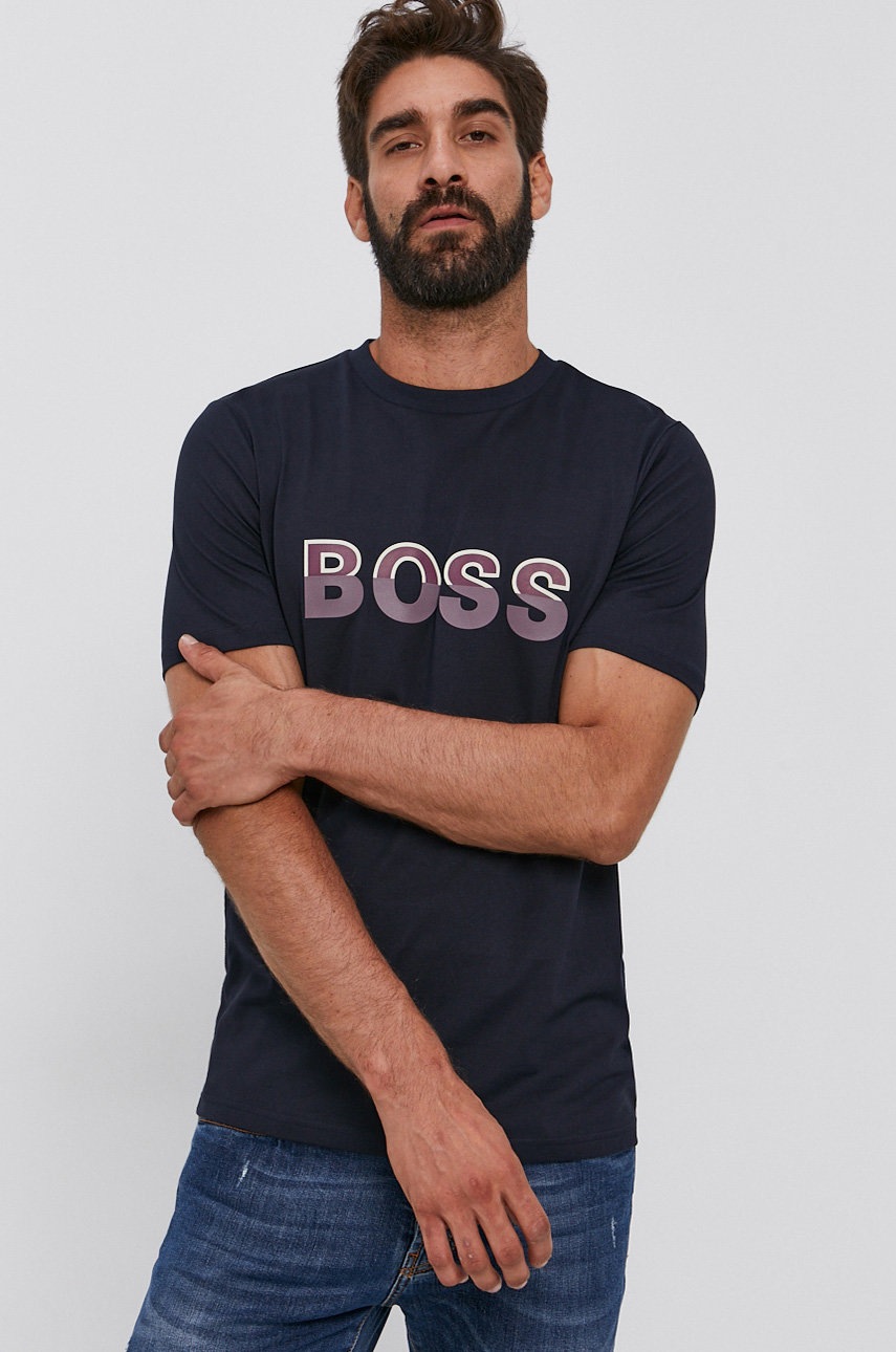Boss T-shirt bawełniany kolor granatowy z nadrukiem