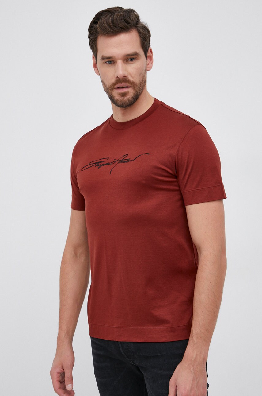 Emporio armani tricou bărbați, culoarea bordo, cu imprimeu