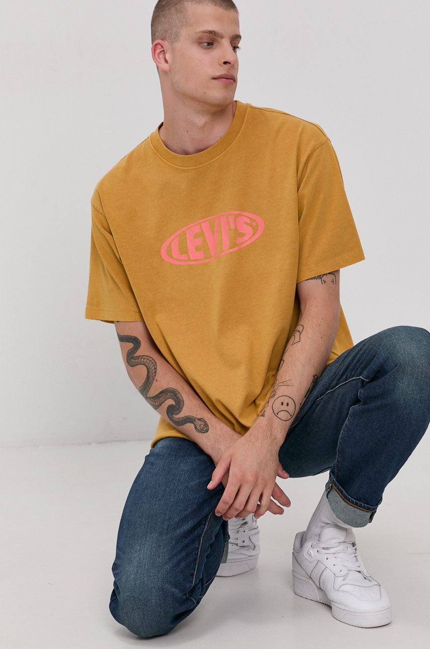 Levi's Tricou din bumbac culoarea galben, cu imprimeu