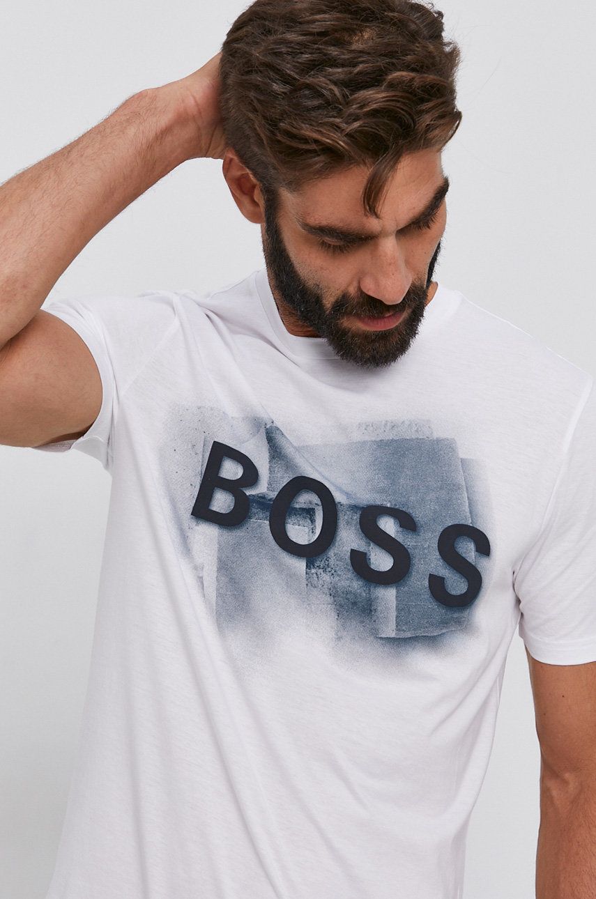 Boss Tricou din bumbac Casual culoarea alb, cu imprimeu