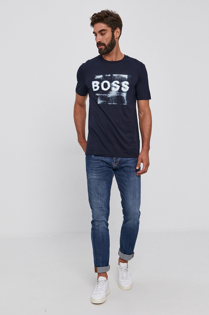 

Хлопковая футболка Boss Casual цвет синий с принтом