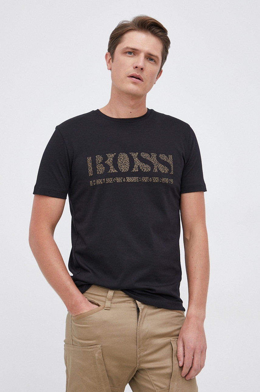 

Памучна тениска Boss в черно с принт, Черен