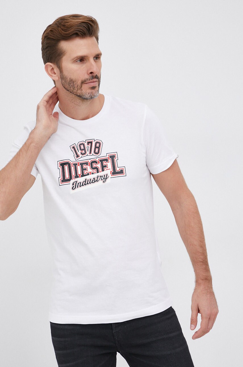 

Памучна тениска Diesel в бяло с принт, Бял