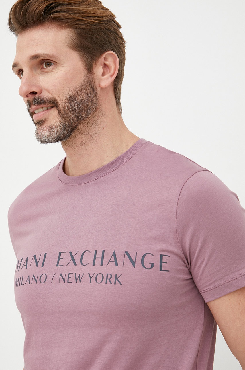 

Памучна тениска Armani Exchange в сиво с принт, Виолетов