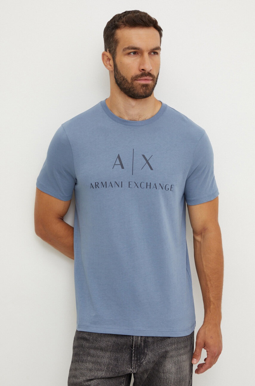 

Памучна тениска Armani Exchange в сиво с принт, Син
