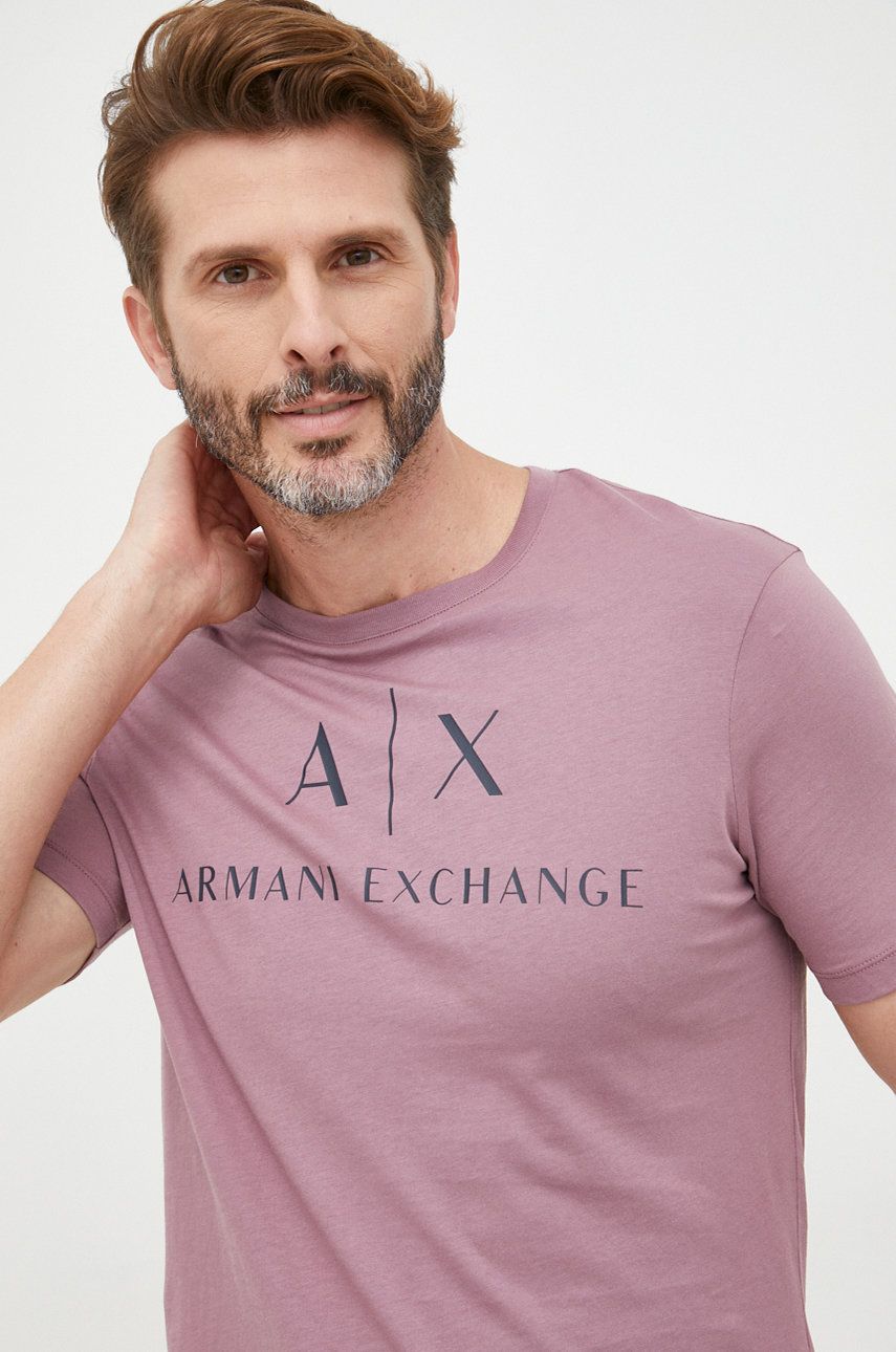 Armani Exchange tricou din bumbac culoarea violet, cu imprimeu answear.ro