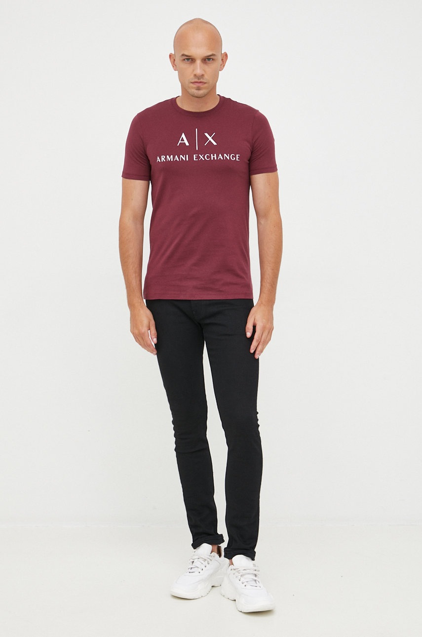

Бавовняна футболка Armani Exchange колір бордовий з принтом