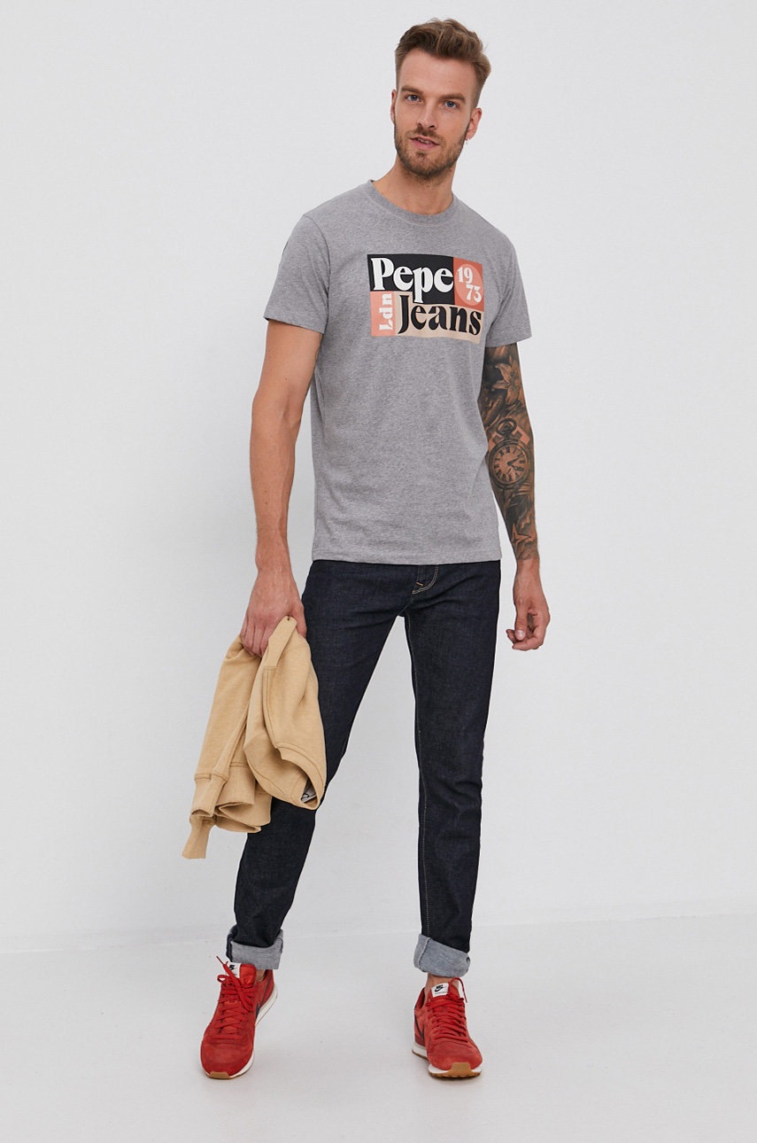 

Хлопковая футболка Pepe Jeans Wells цвет серый с принтом