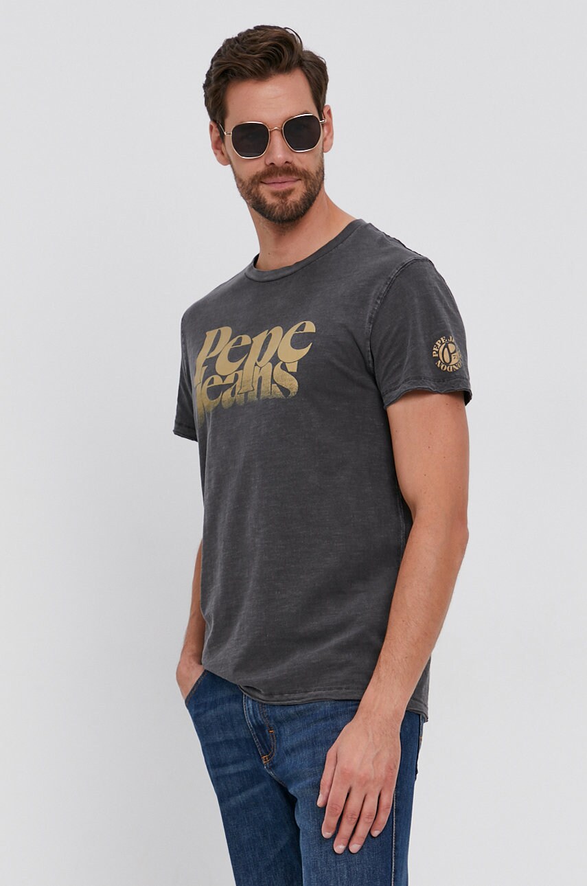 Pepe jeans tricou din bumbac yuri culoarea gri, material neted