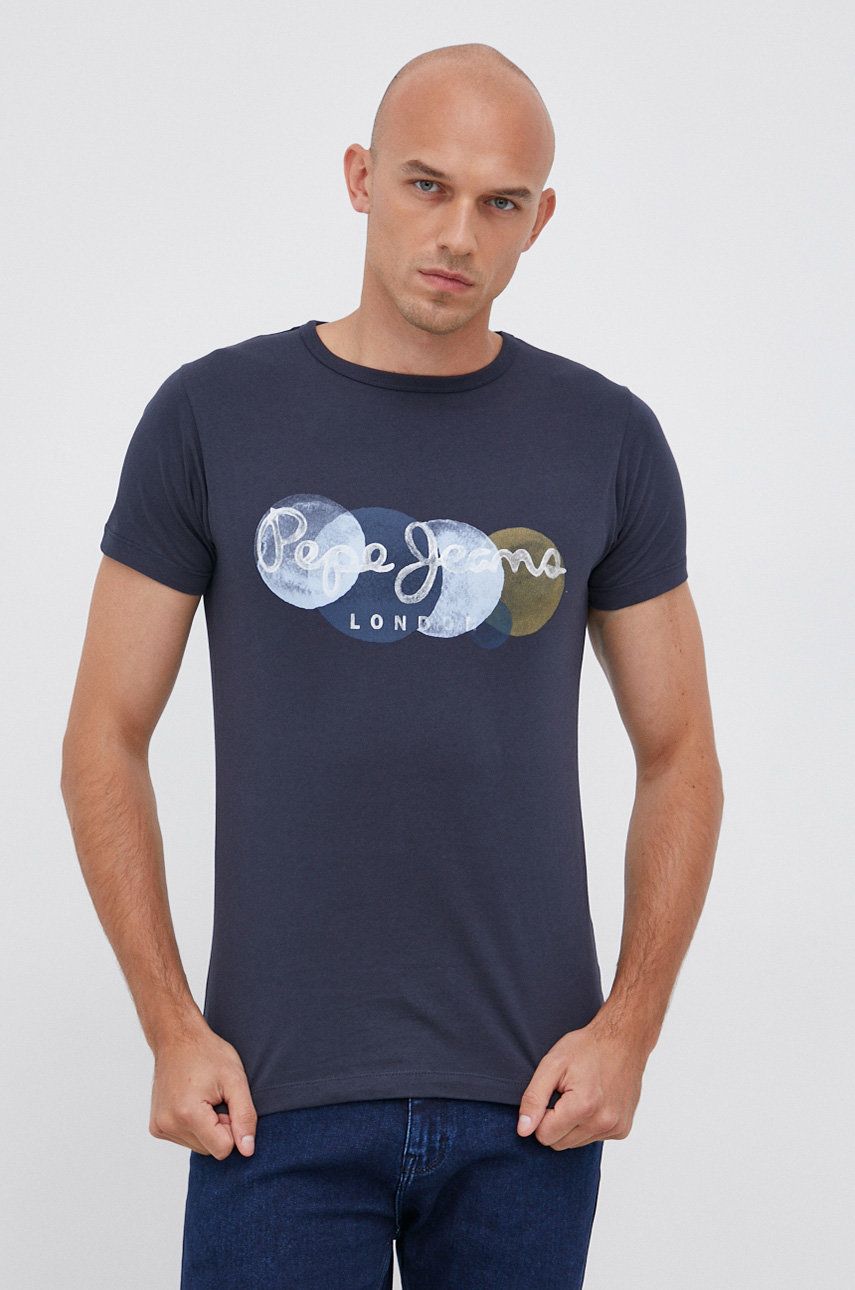Pepe Jeans T-shirt bawełniany kolor granatowy z nadrukiem