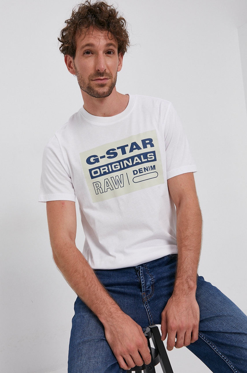 

Памучна тениска G-Star Raw в бяло с принт, Бял