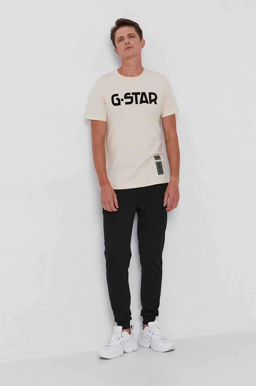 G-Star Raw Tricou din bumbac culoarea bej, cu imprimeu