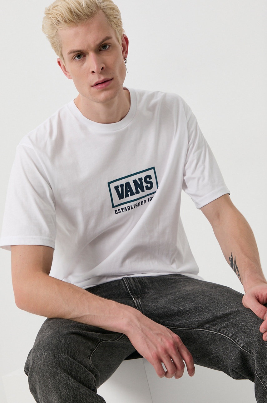

Памучна тениска Vans в бяло с принт, Бял