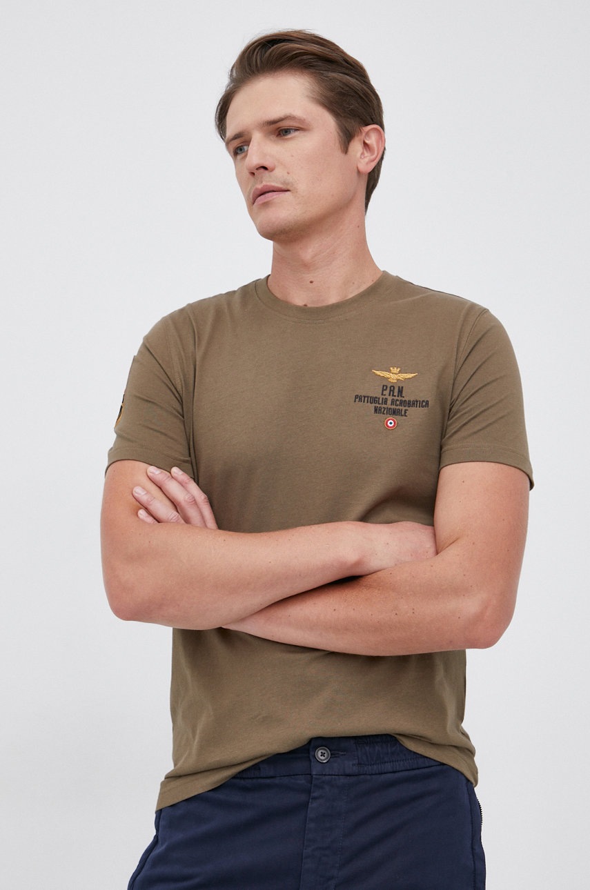 

Памучна тениска Aeronautica Militare в зелено с изчистен дизайн, Зелен
