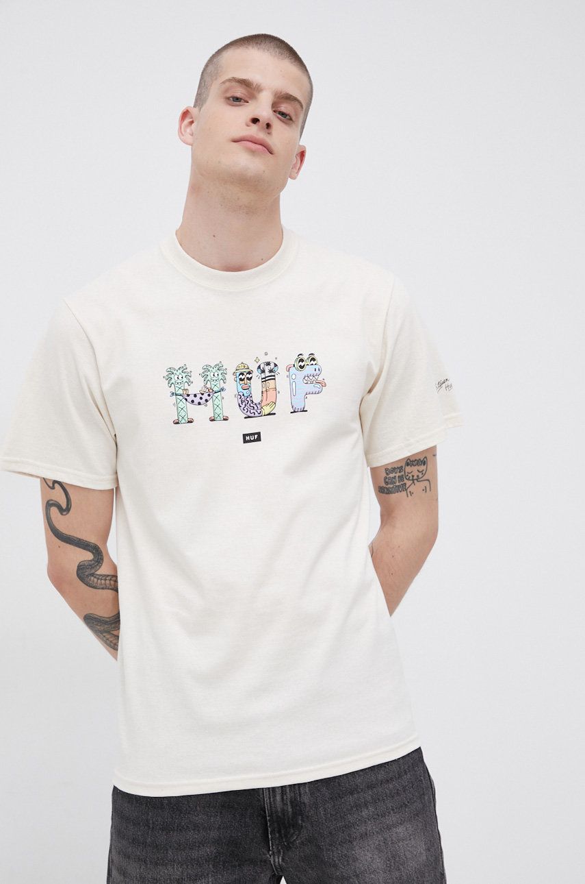 Bavlněné tričko HUF krémová barva, s potiskem - béžová -  100% Bavlna