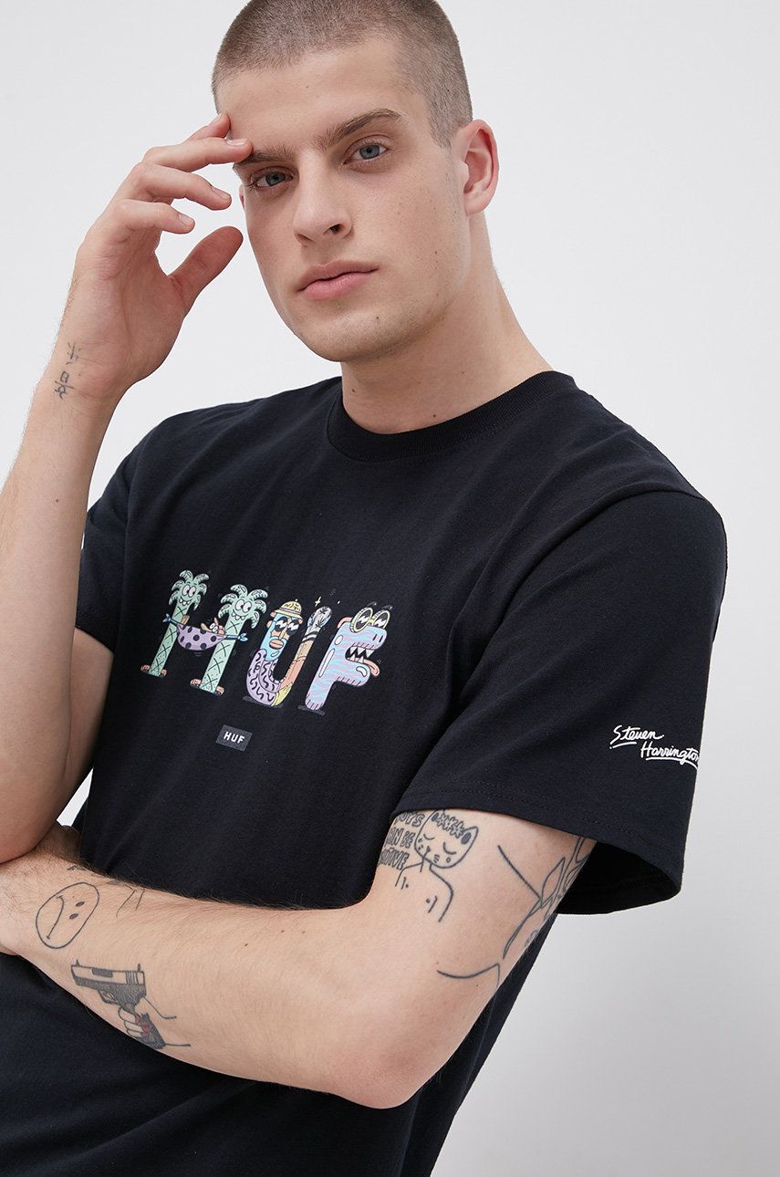 Levně Bavlněné tričko HUF černá barva, s potiskem