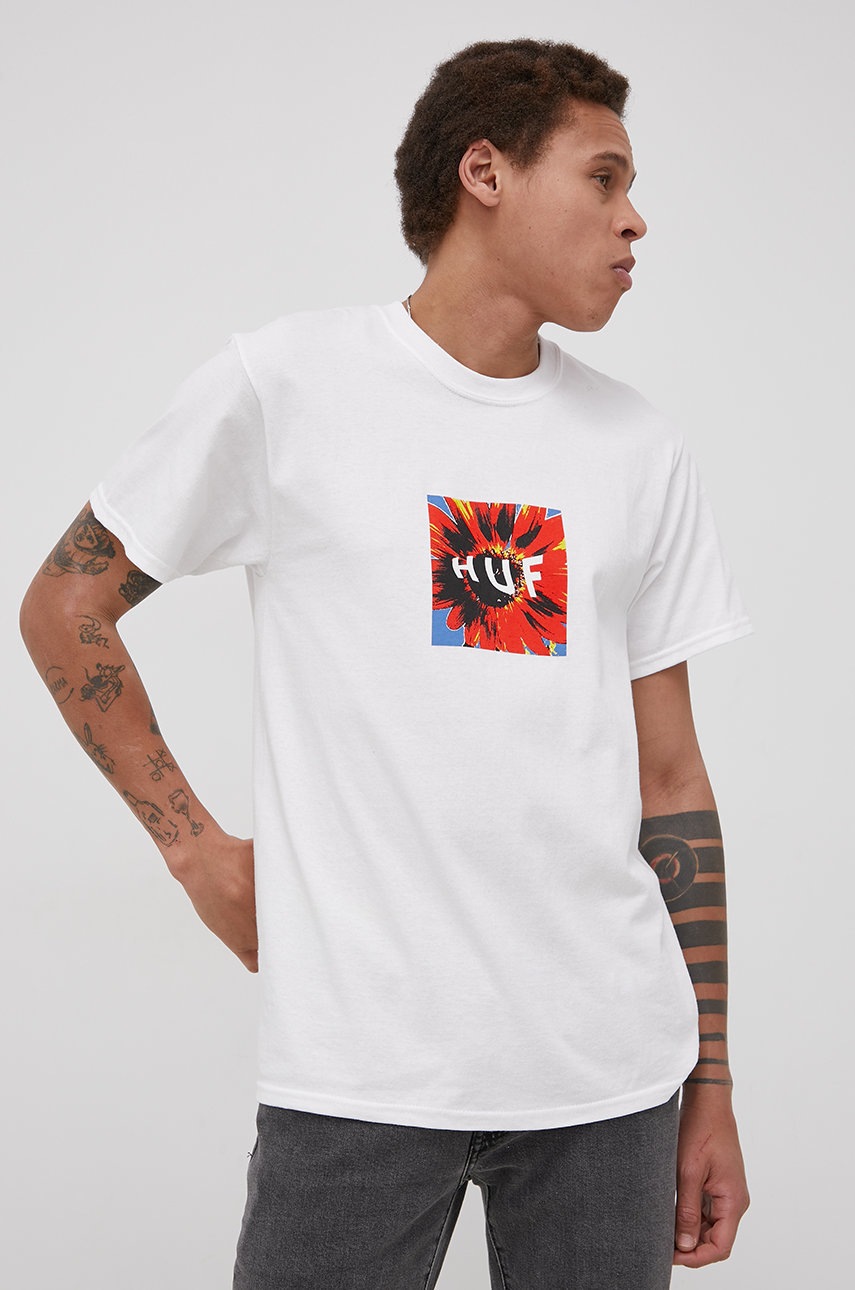 

Памучна тениска HUF в бяло с принт, Бял