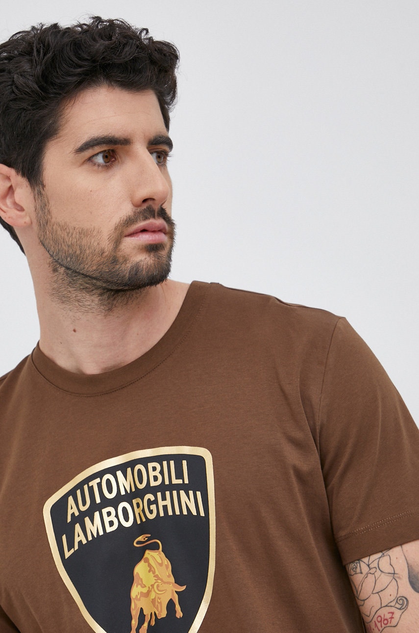 Lamborghini tricou din bumbac culoarea maro, cu imprimeu