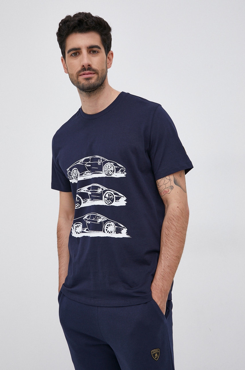 Lamborghini tricou din bumbac culoarea albastru marin, cu imprimeu