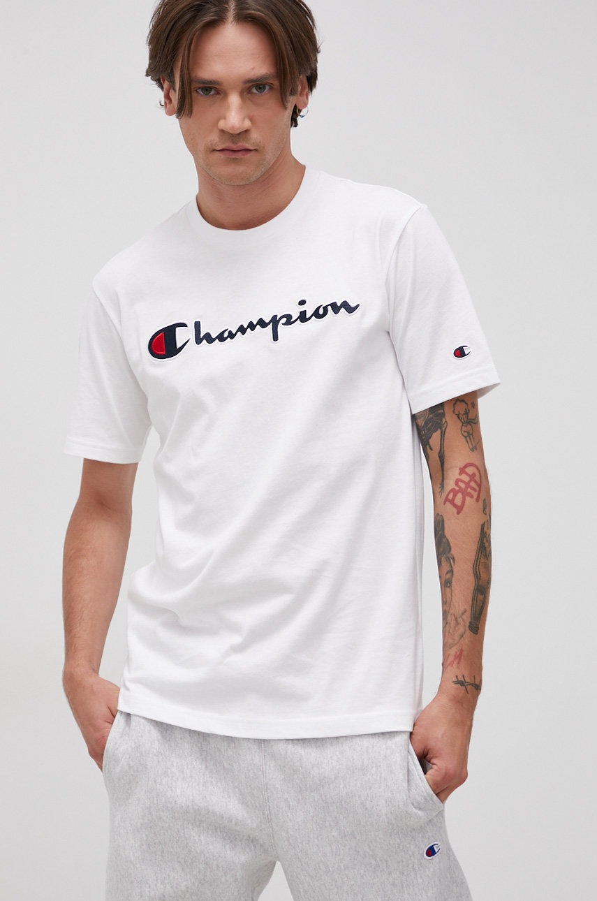

Памучна тениска Champion в бяло с апликация, Бял