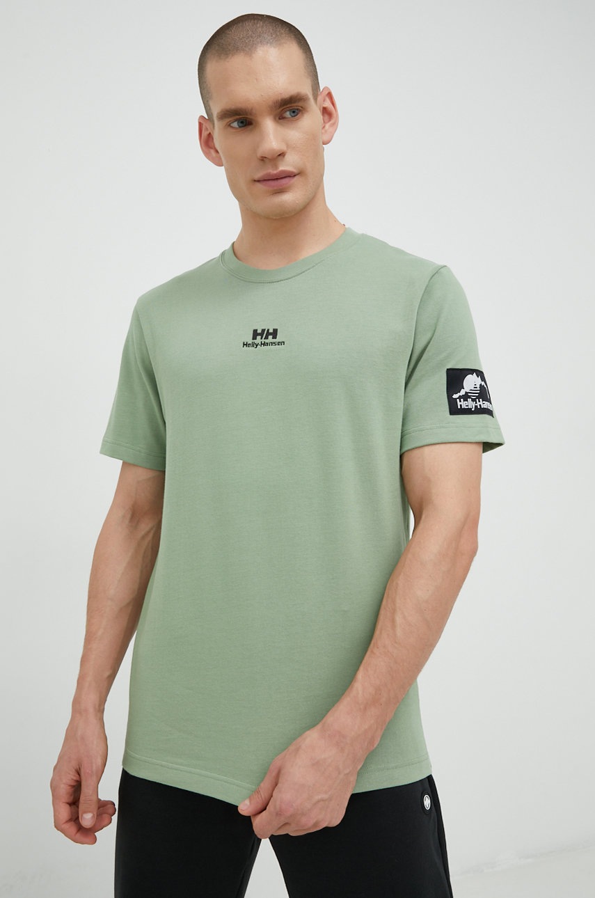 

Бавовняна футболка Helly Hansen колір зелений з аплікацією