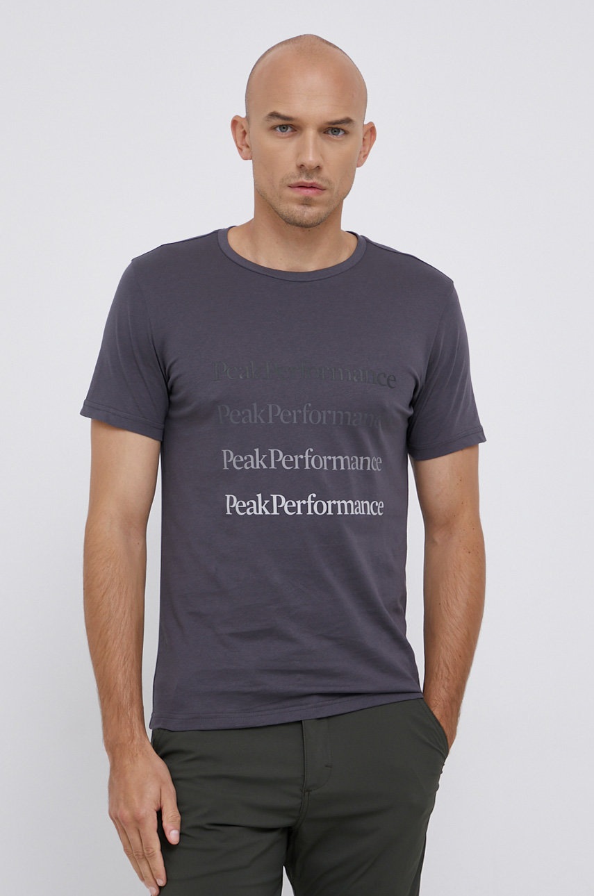 

Памучна тениска Peak Performance в сиво с принт, Сив