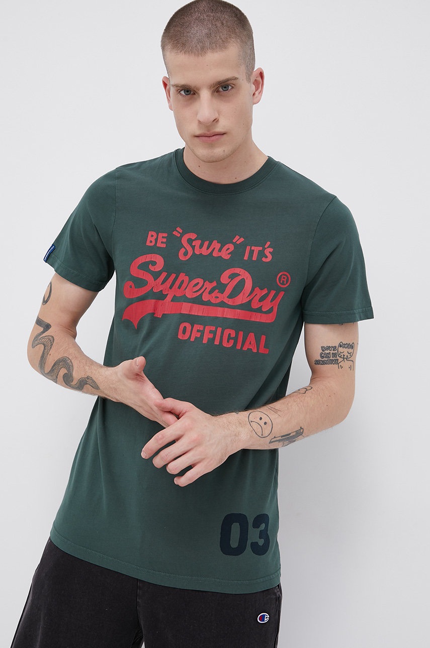 Superdry Tricou din bumbac culoarea verde, cu imprimeu