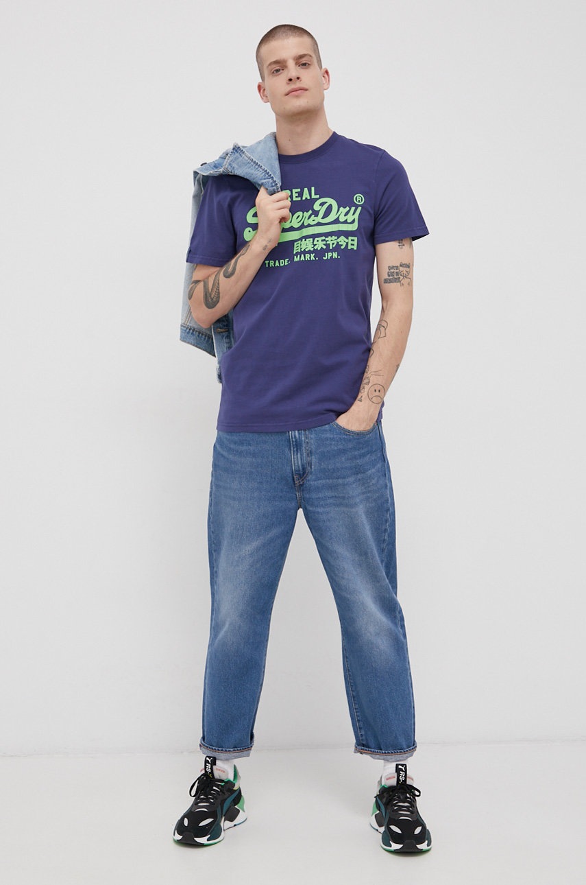 

Хлопковая футболка Superdry цвет синий с принтом