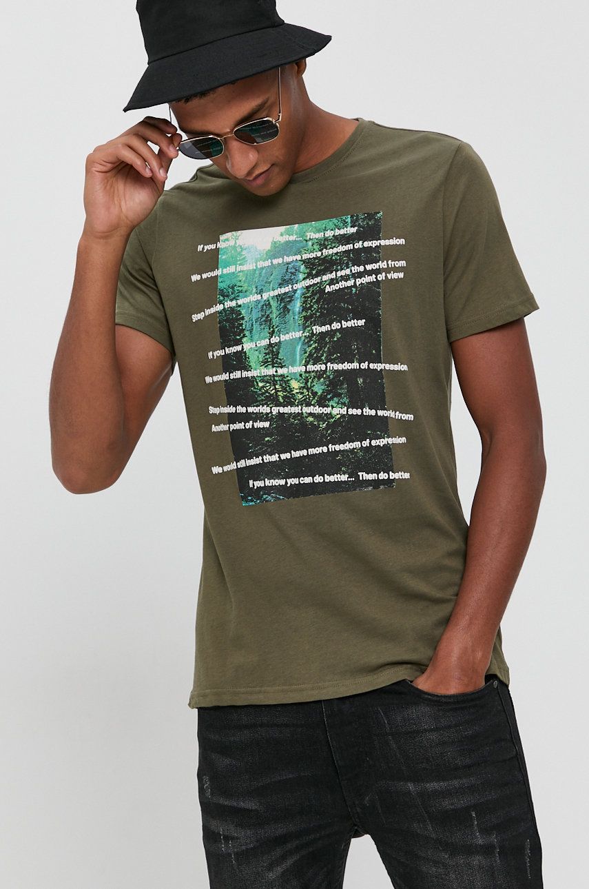!SOLID Tricou din bumbac culoarea verde cu imprimeu