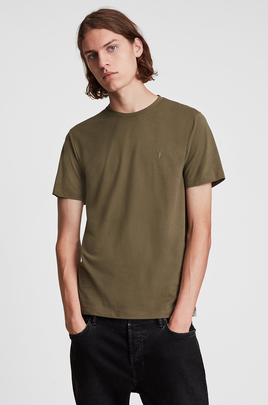

Памучна тениска AllSaints в кафяво с изчистен дизайн, Кафяв