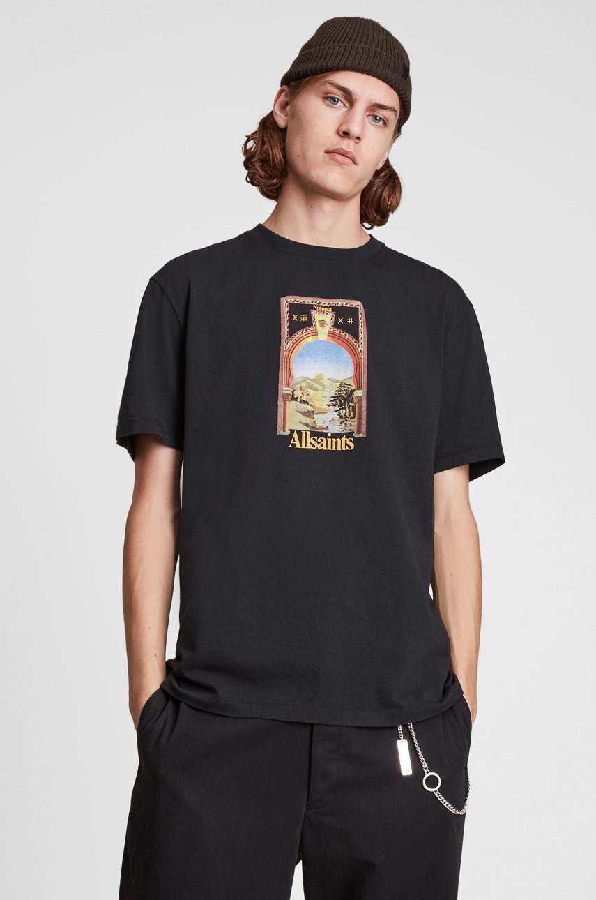 

Памучна тениска AllSaints в черно с принт, Черен