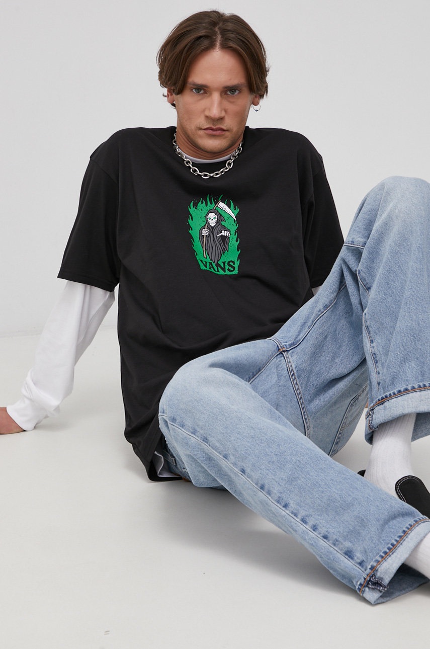 

Памучна тениска Vans в черно с принт, Черен
