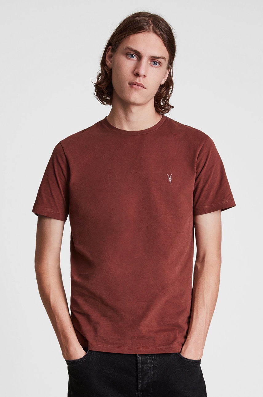 

Памучна тениска AllSaints в бордо с изчистен дизайн