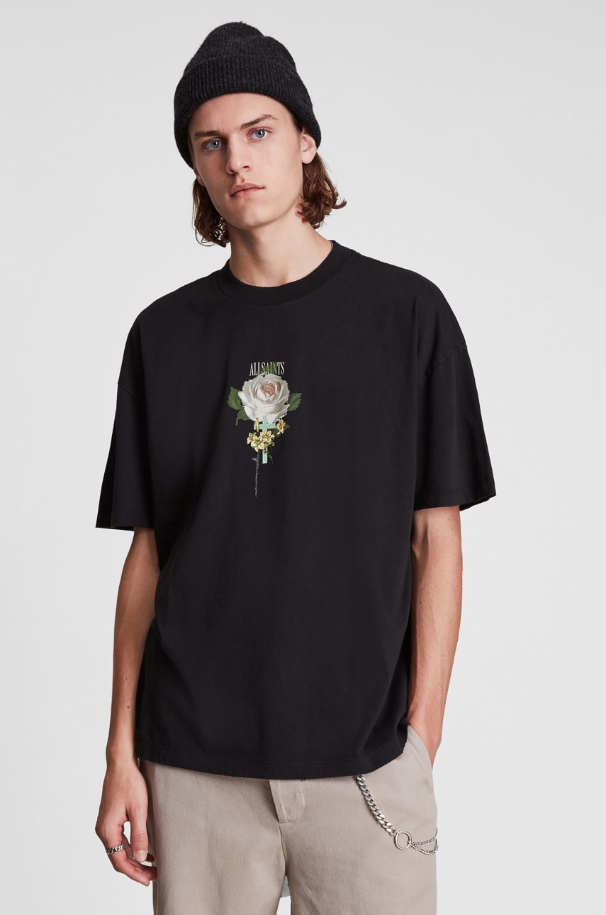 

Памучна тениска AllSaints в черно с принт, Черен