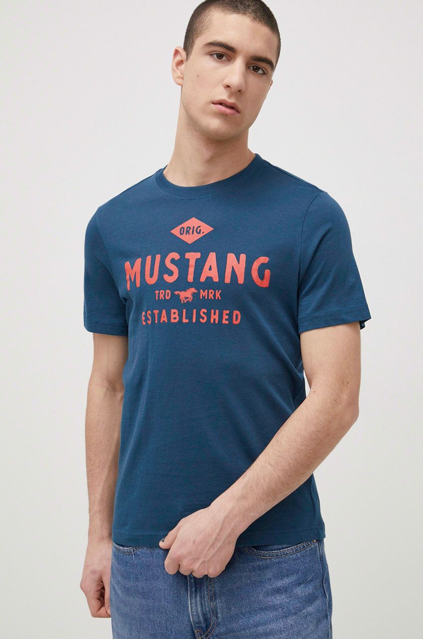 Mustang tricou din bumbac culoarea albastru marin, cu imprimeu answear imagine noua