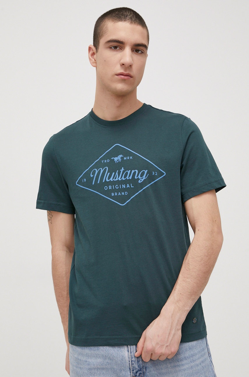 

Памучна тениска Mustang в зелено с принт, Зелен