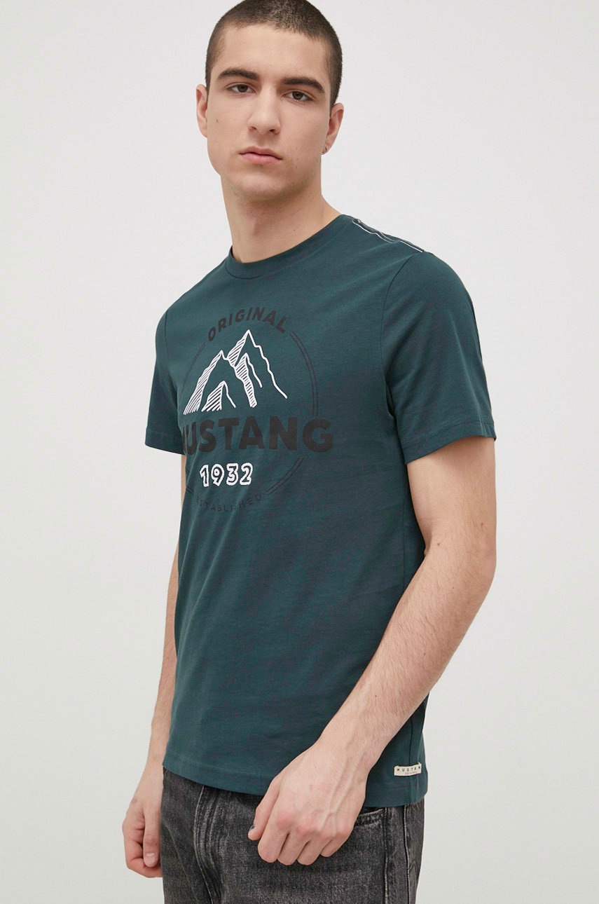 Mustang tricou din bumbac culoarea verde, cu imprimeu