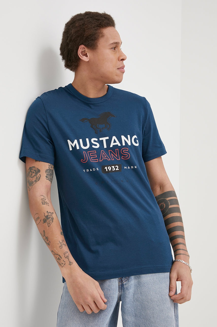 

Памучна тениска Mustang в тюркоазено с принт, Тюркоазен