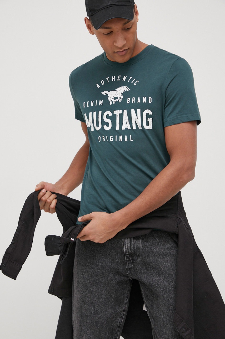 

Памучна тениска Mustang в зелено с принт, Зелен