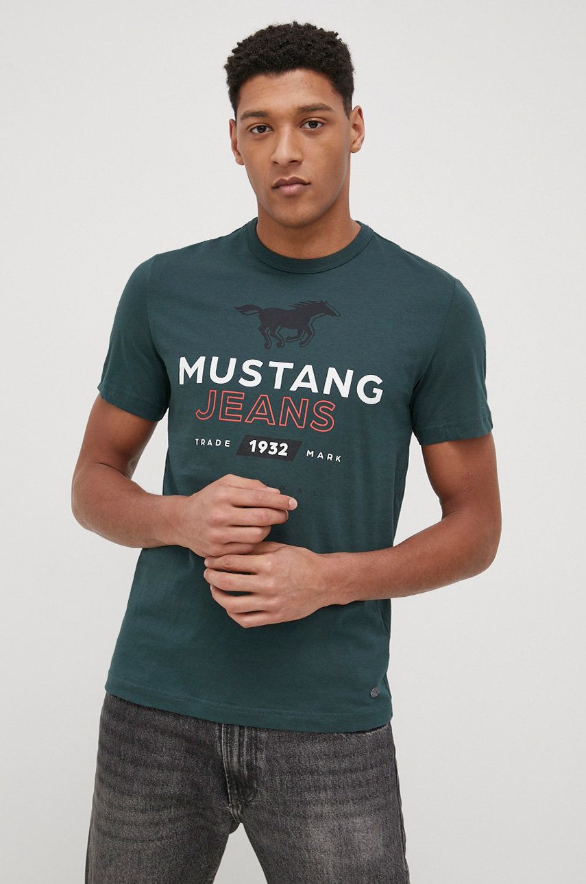 Mustang tricou din bumbac culoarea verde, cu imprimeu