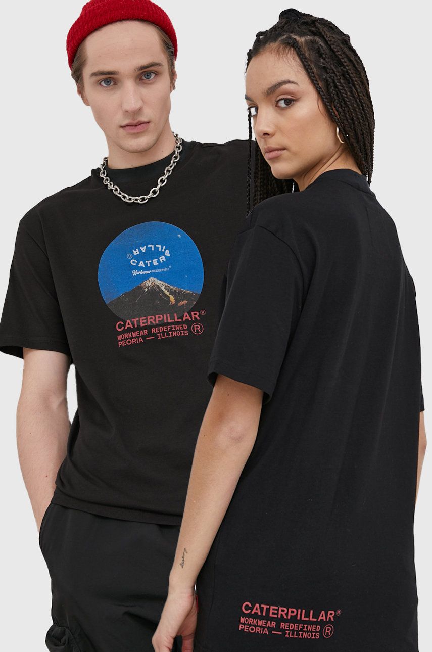 Bavlnené tričko Caterpillar čierna farba, s potlačou
