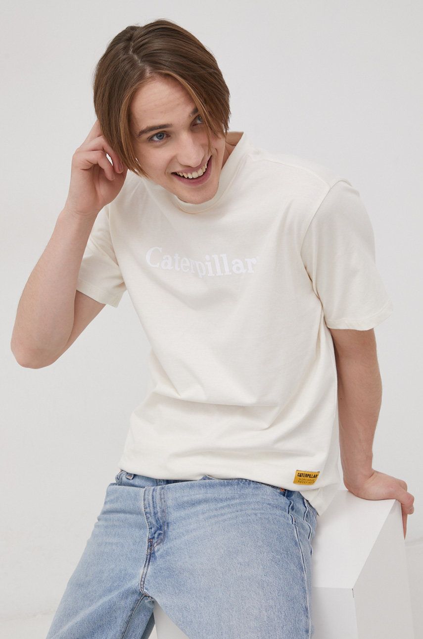 Bavlnené tričko Caterpillar krémová farba, s potlačou