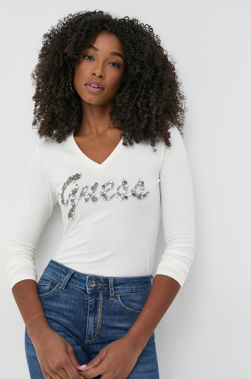 

Памучна блуза с дълги ръкави Guess в бежово, Бежов